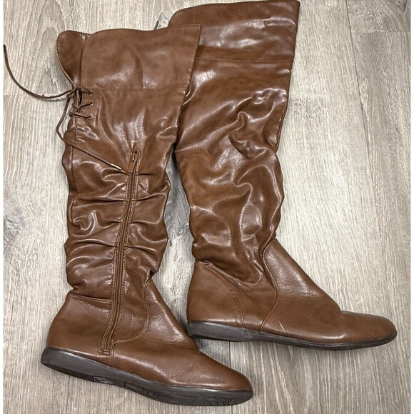 Aldo OTK 8.5 Brown Flat Boots Boho Slouch Faux Leather Fold Over Top Countryside - Picture 2 of 11